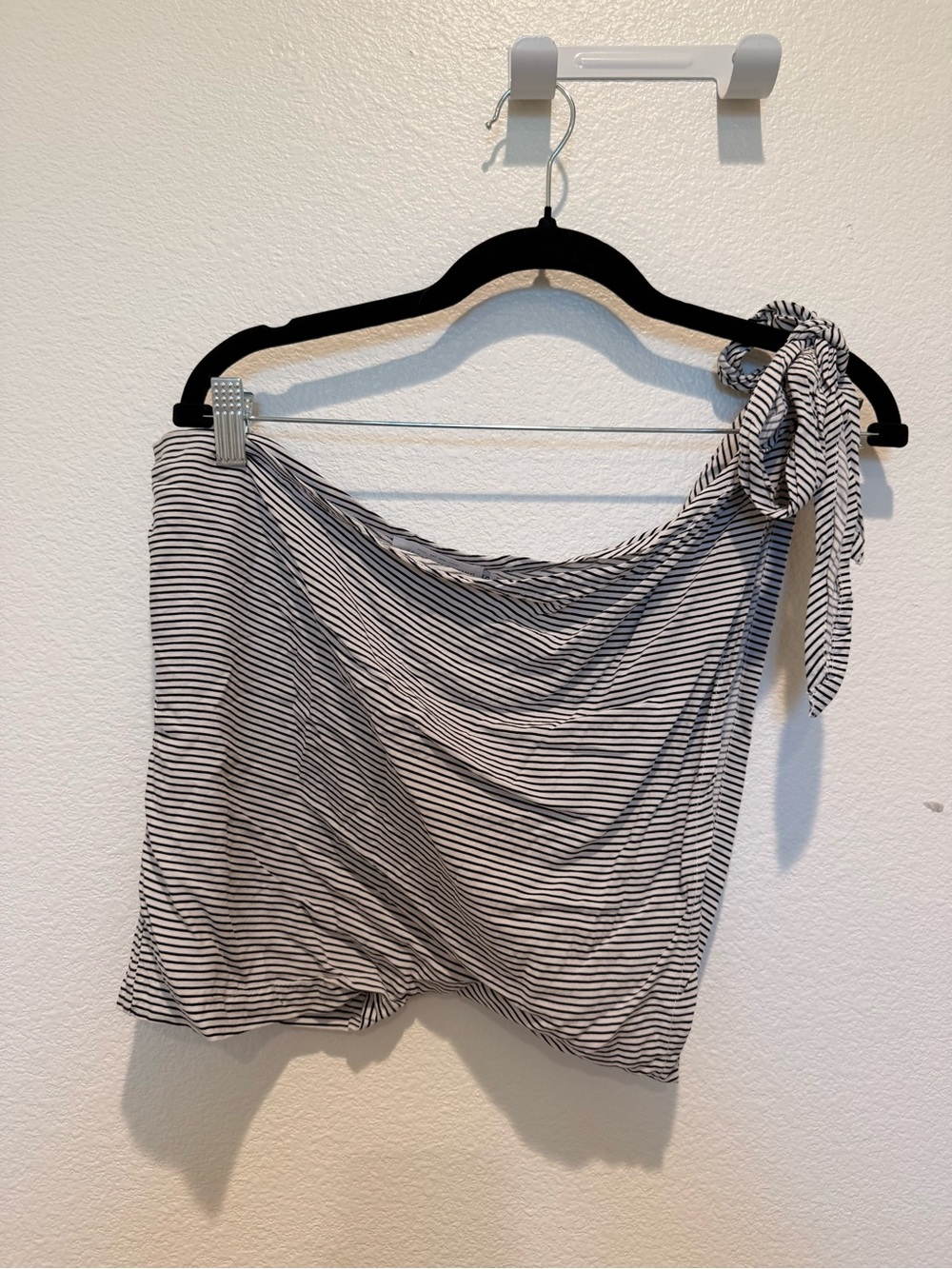 Striped One-Shoulder Crop Top with Side Tie - Black & White